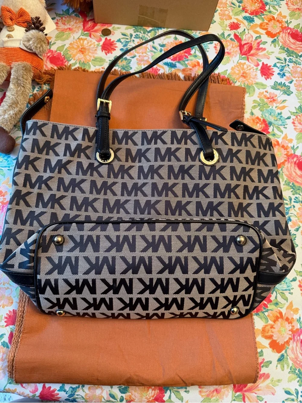 Michael Kors Brown Canvas MK Logo Tote with Black Trim